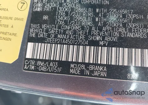 2005 Toyota Highlander Limited V6 из США, поврежденный, VIN JTEEP21A450127504